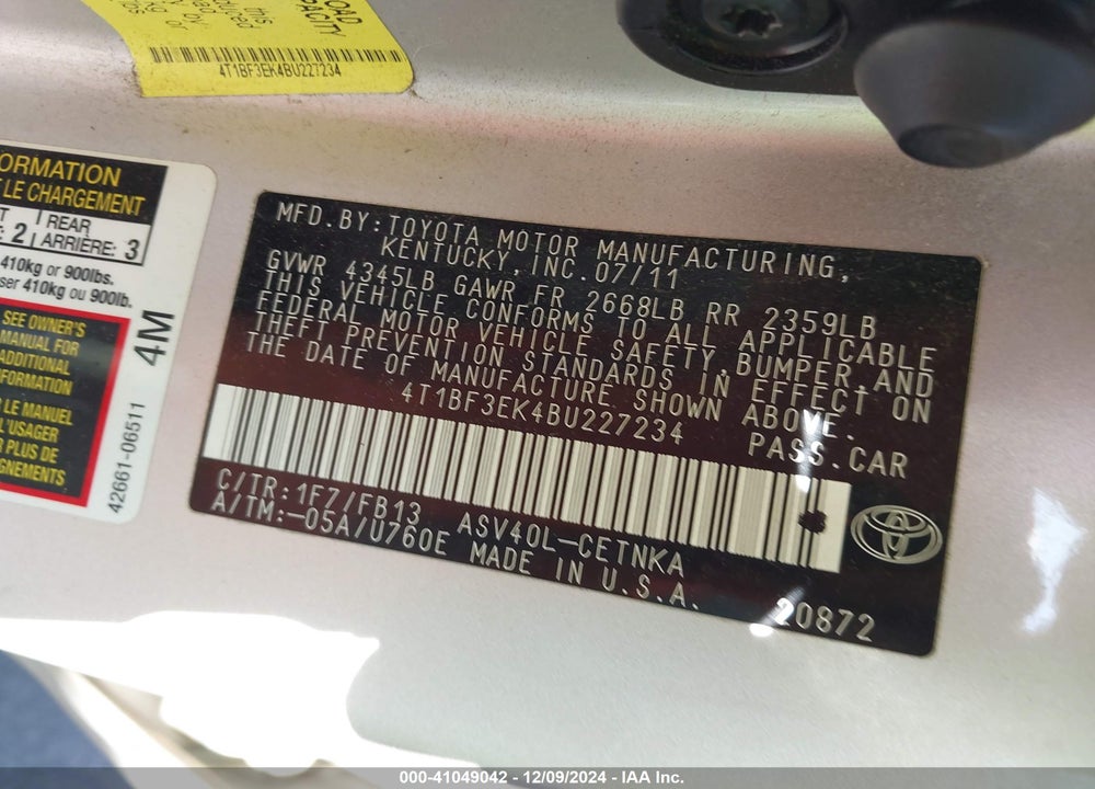 2011 TOYOTA CAMRY LE VIN: 4T1BF3EK4BU227234
