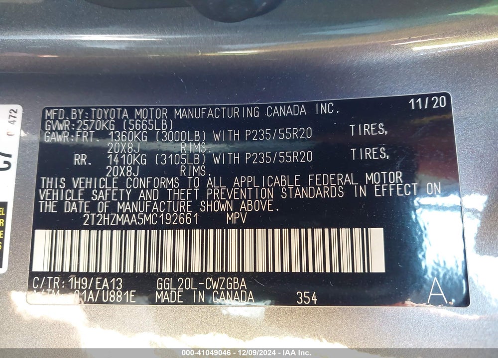2021 LEXUS RX 350 VIN: 2T2HZMAA5MC192661