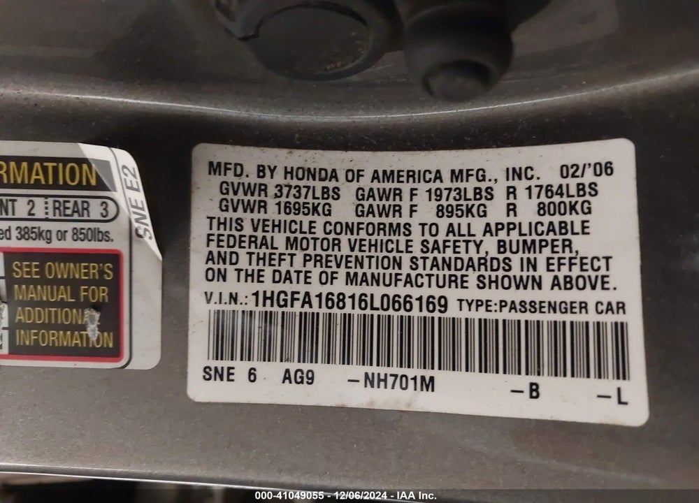 2006 HONDA CIVIC EX VIN: 1HGFA16816L066169