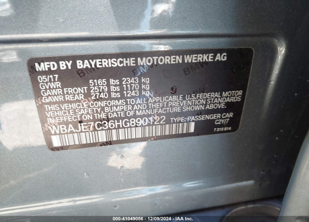 2017 BMW 540I XDRIVE VIN: WBAJE7C36HG890122