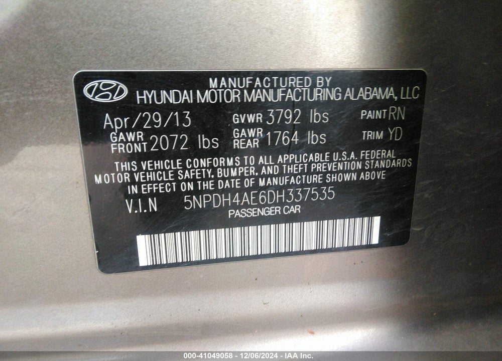 2013 HYUNDAI ELANTRA VIN: 5NPDH4AE6DH337535