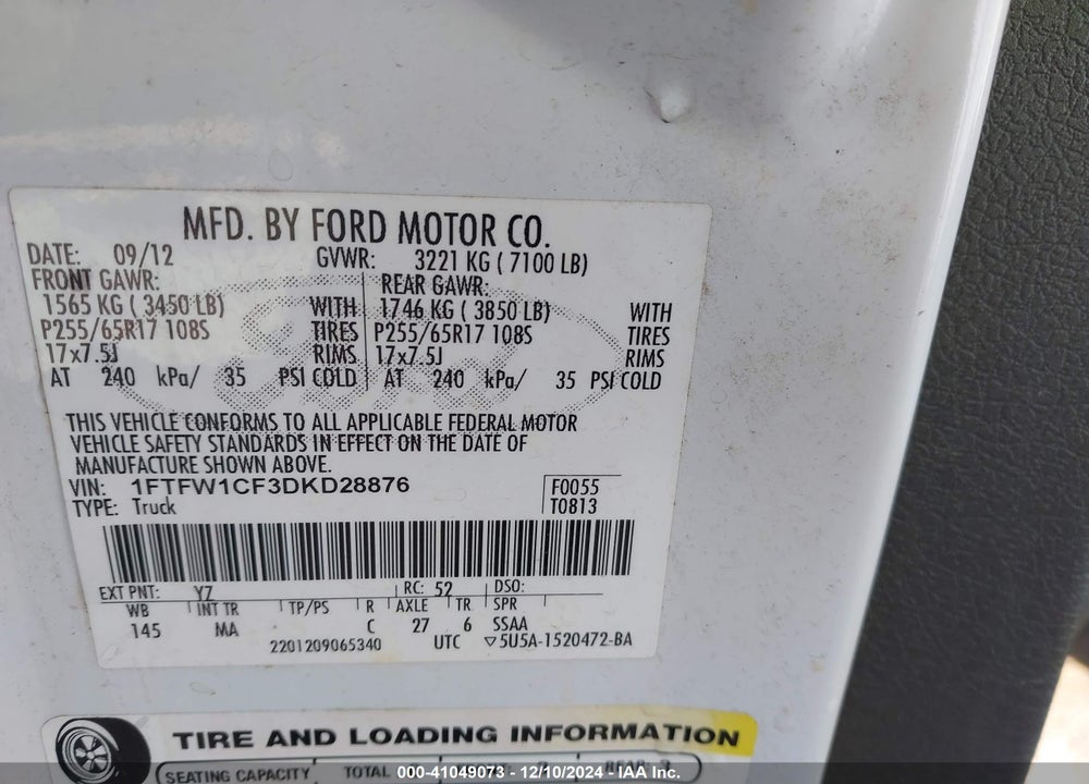 2013 FORD F150 VIN: 1FTFW1CF3DKD28876