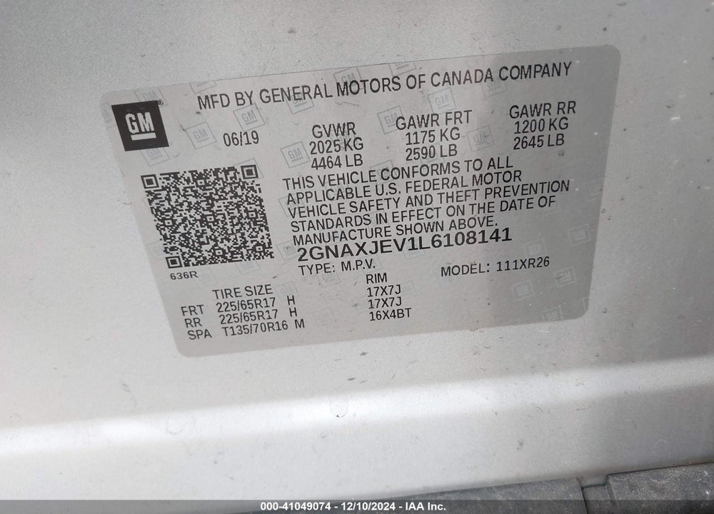 2020 CHEVROLET EQUINOX FWD 2FL VIN: 2GNAXJEV1L6108141