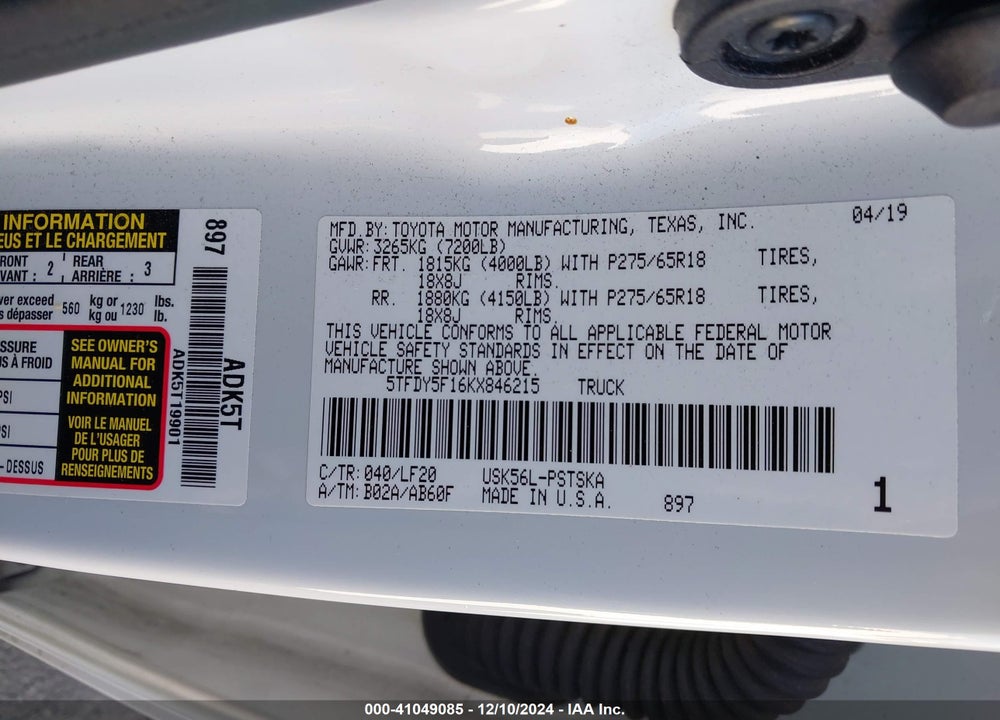 2019 TOYOTA TUNDRA VIN: 5TFDY5F16KX846215