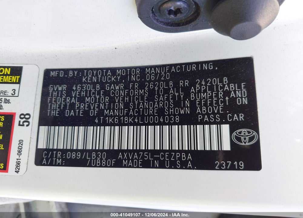 2020 TOYOTA CAMRY XSE AWD VIN: 4T1K61BK4LU004038