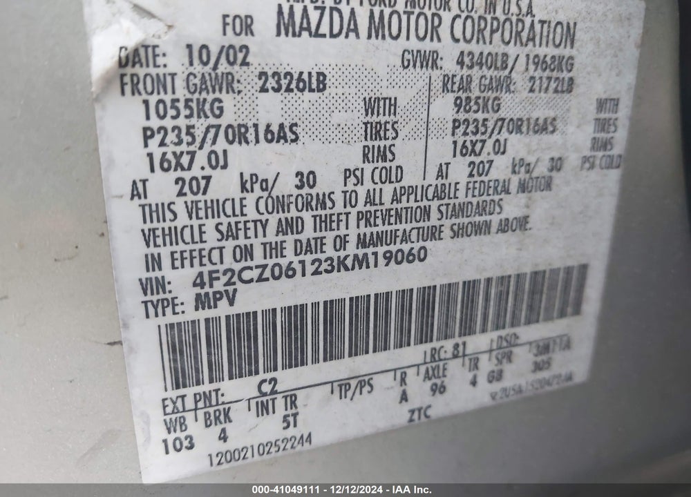 2003 MAZDA TRIBUTE ES V6 VIN: 4F2CZ06123KM19060