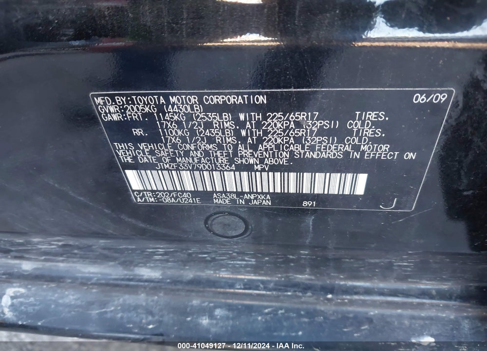 2009 TOYOTA RAV4 VIN: JTMZF33V79D013364