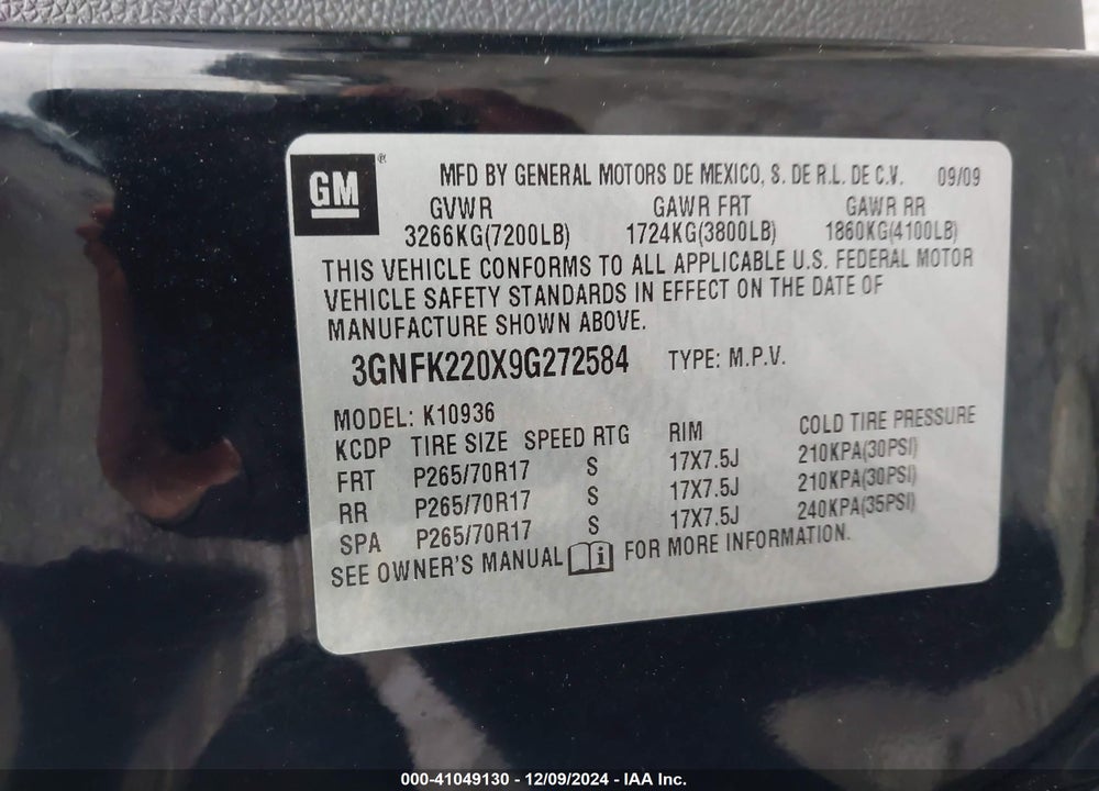 2009 CHEVROLET AVALANCHE 1500 LT2 VIN: 3GNFK220X9G272584