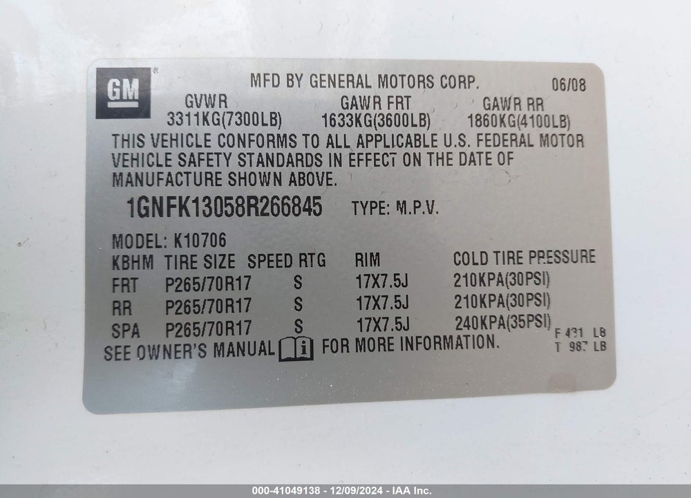 2008 CHEVROLET TAHOE COMMERCIAL FLEET VIN: 1GNFK13058R266845