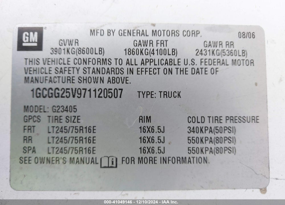 2007 CHEVROLET EXPRESS WORK VAN VIN: 1GCGG25V971120507