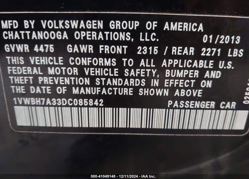2013 VOLKSWAGEN PASSAT 2.5L SE VIN: 1VWBH7A33DC085842