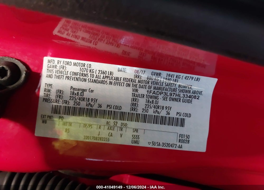 2017 FORD FOCUS ST VIN: 1FADP3L97HL334082