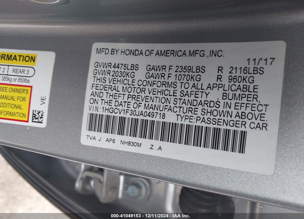 2018 HONDA ACCORD SPORT VIN: 1HGCV1F30JA049718