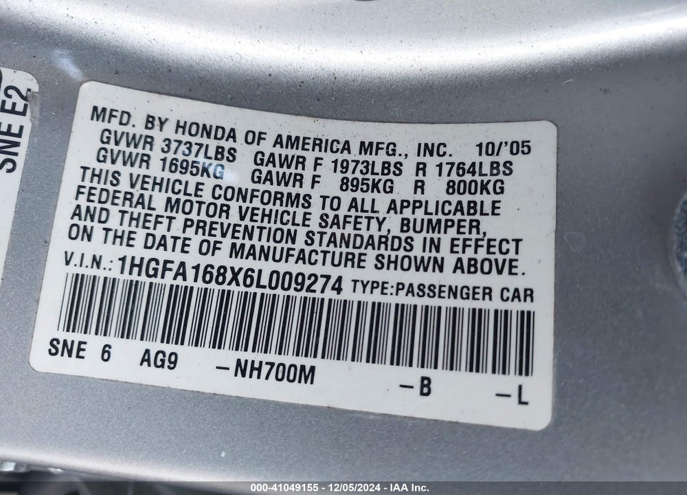 2006 HONDA CIVIC EX VIN: 1HGFA168X6L009274