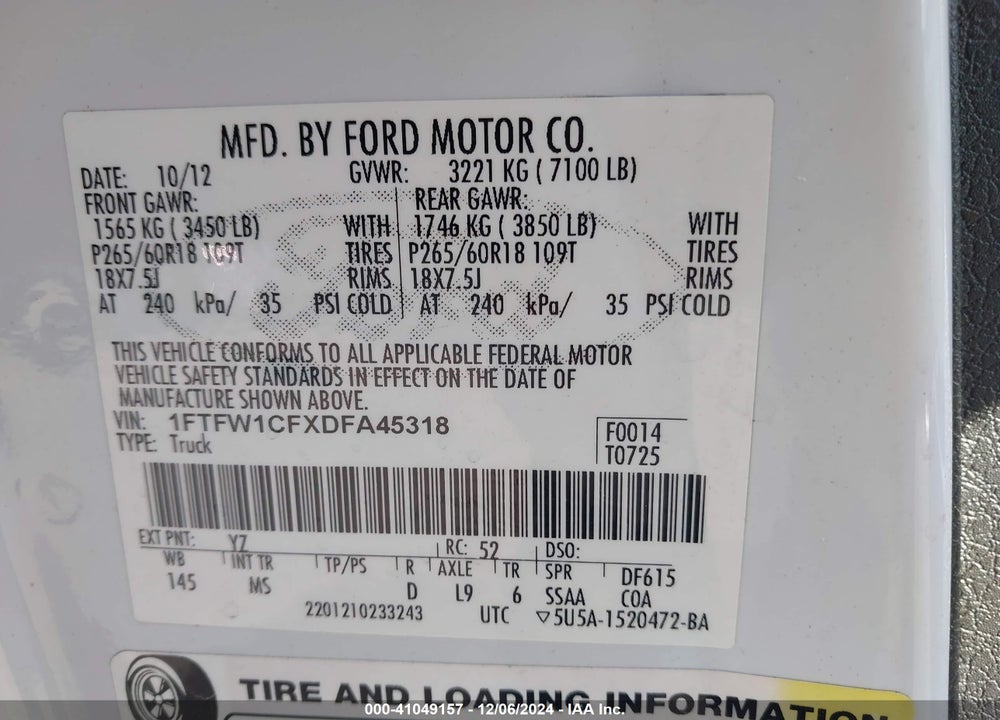 2013 FORD F-150 VIN: 1FTFW1CFXDFA45318