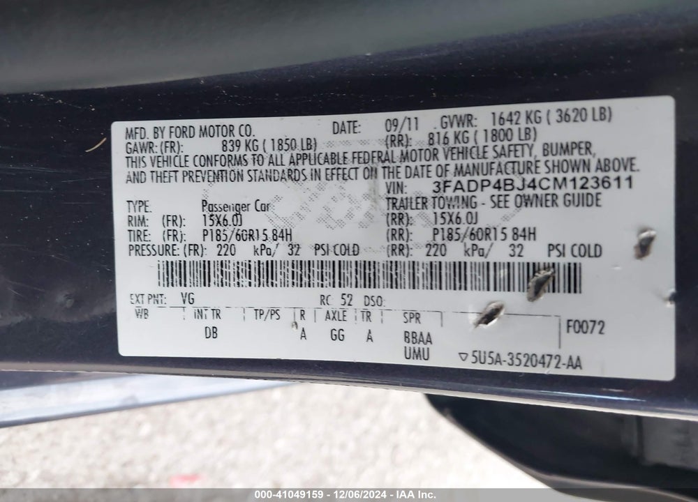 2012 FORD FIESTA VIN: 3FADP4BJ4CM123611