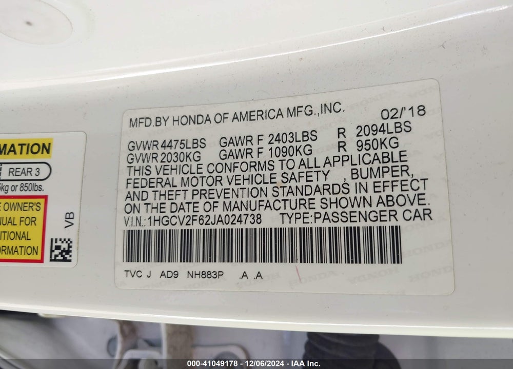 2018 HONDA ACCORD VIN: 1HGCV2F62JA024738