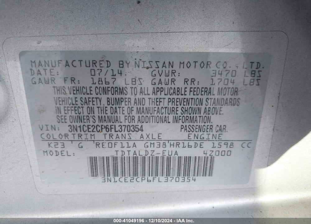 2015 NISSAN VERSA NOTE SV VIN: 3N1CE2CP6FL370354