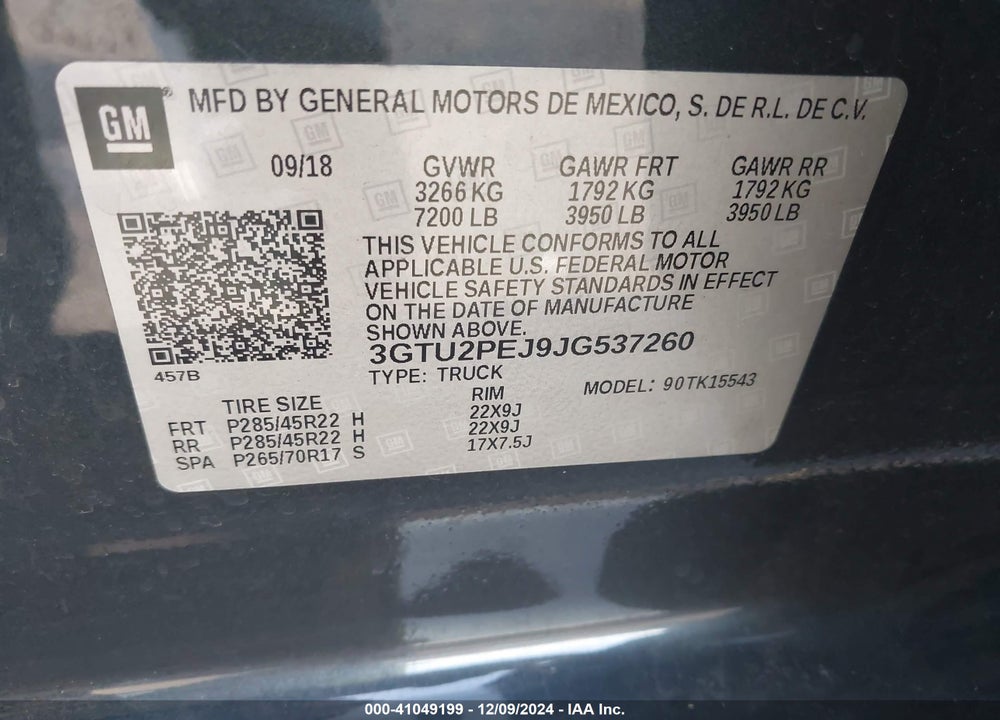 2018 GMC SIERRA 1500 DENALI VIN: 3GTU2PEJ9JG537260