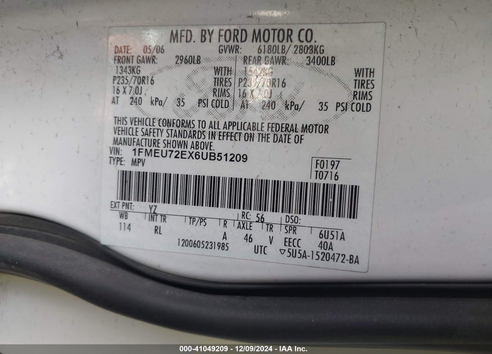 2006 FORD EXPLORER XLS VIN: 1FMEU72EX6UB51209