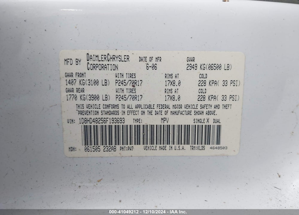 2006 DODGE DURANGO SLT VIN: 1D8HD48256F193693
