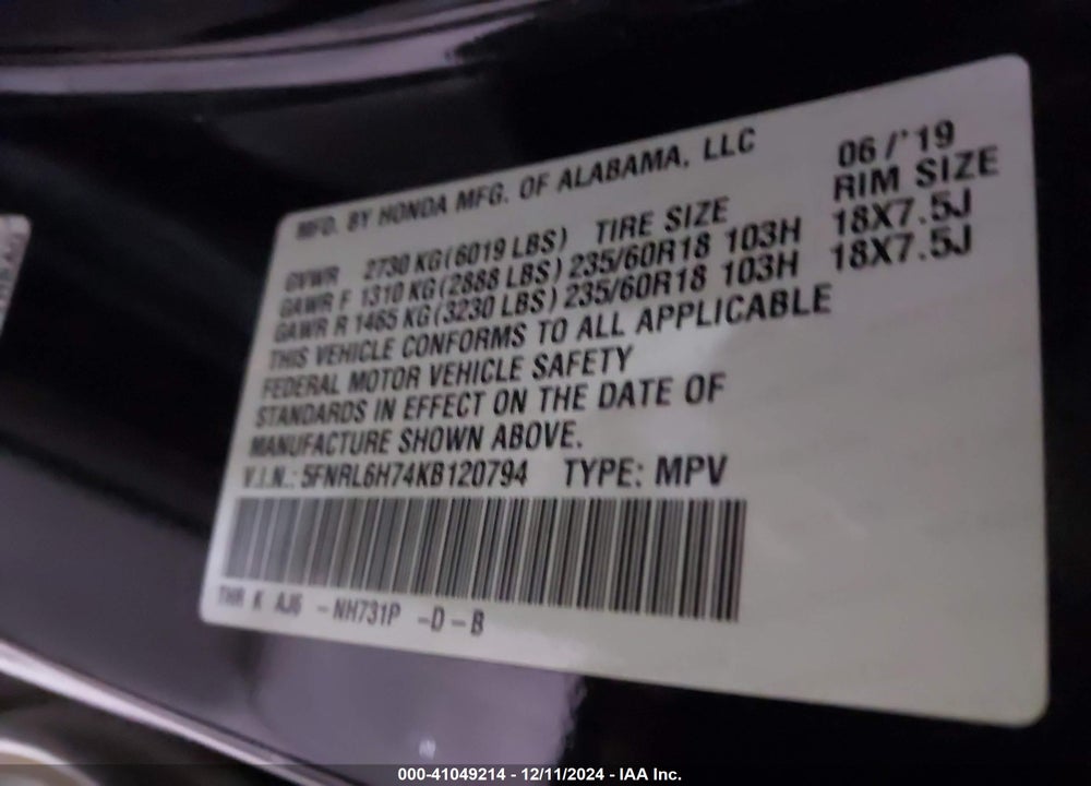 2019 HONDA ODYSSEY EX-L VIN: 5FNRL6H74KB120794