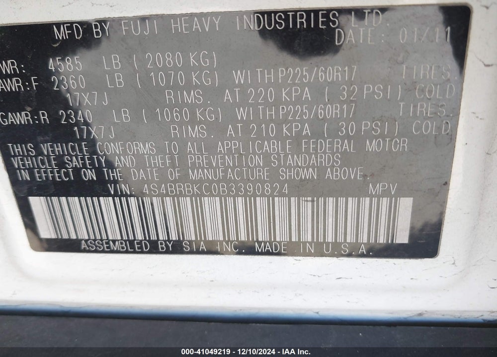 2011 SUBARU OUTBACK 2.5I LIMITED VIN: 4S4BRBKC0B3390824