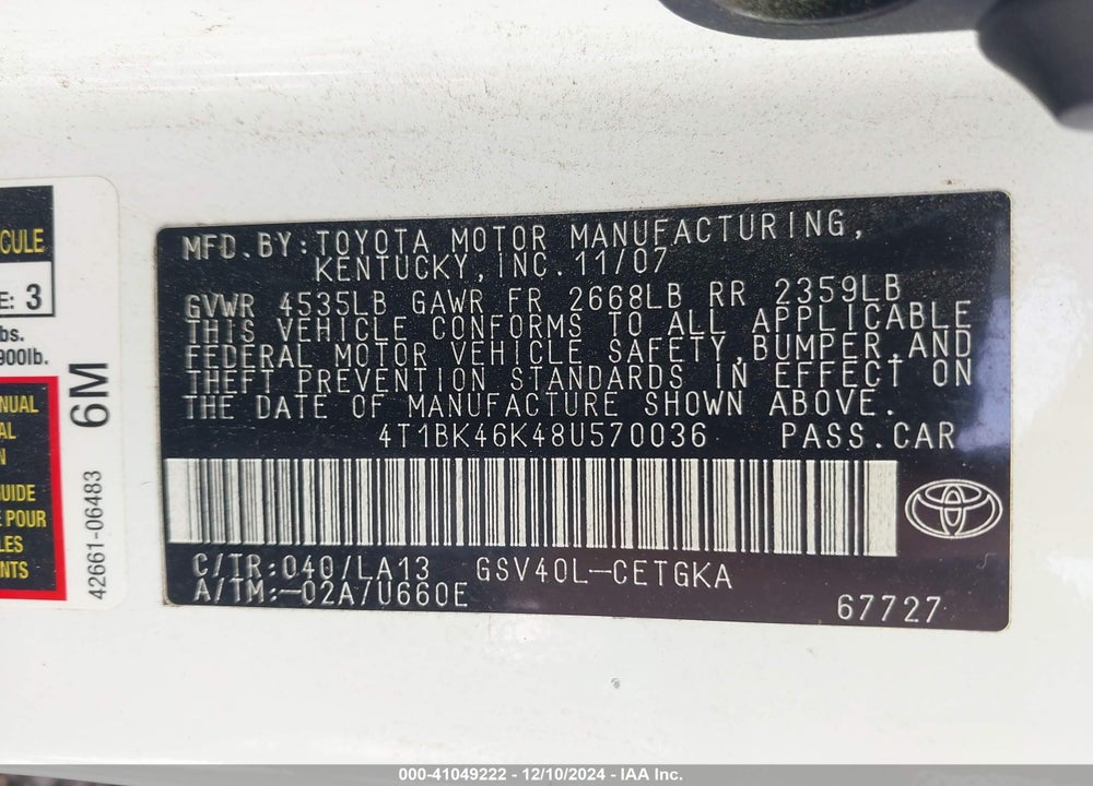 2008 TOYOTA CAMRY XLE V6 VIN: 4T1BK46K48U570036