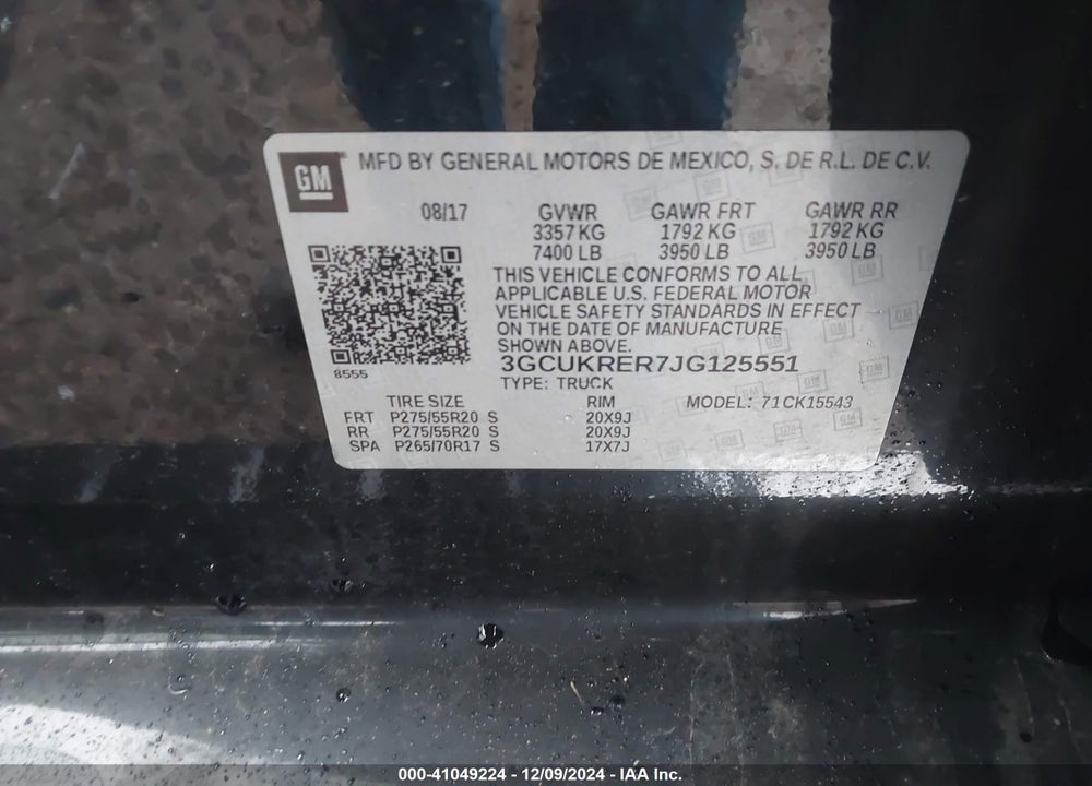 2018 CHEVROLET SILVERADO VIN: 3GCUKRER7JG125551