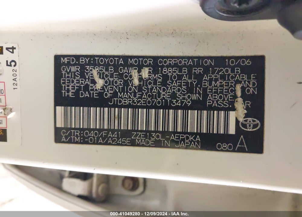 2007 TOYOTA COROLLA CE VIN: JTDBR32E070113479