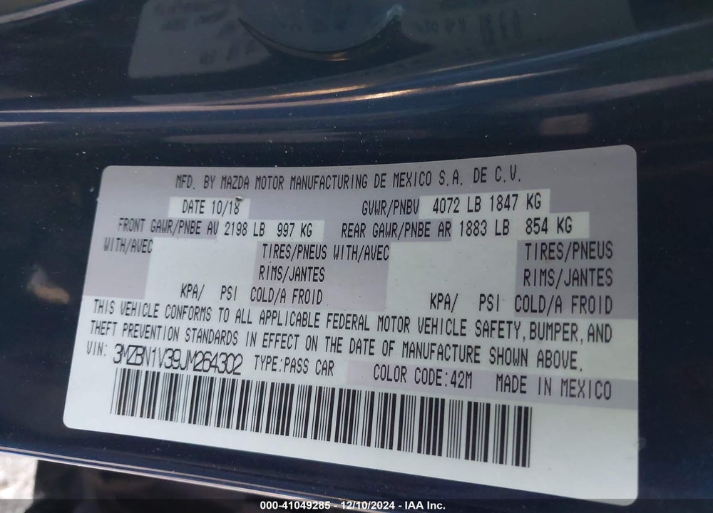 2018 MAZDA 3 TOURING VIN: 3MZBN1V39JM264302