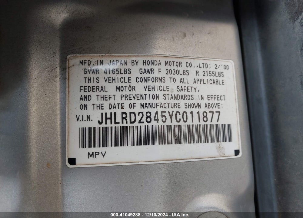 2000 HONDA CR-V LX VIN: JHLRD2845YC011877