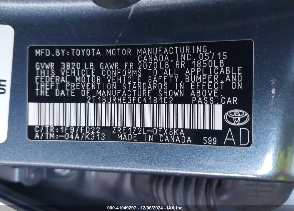 2015 TOYOTA COROLLA S PLUS VIN: 2T1BURHE3FC418102