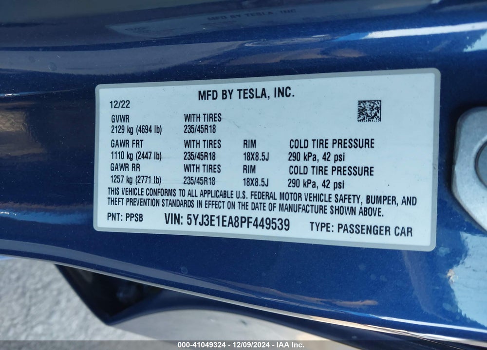 2023 TESLA MODEL 3 REAR-WHEEL DRIVE VIN: 5YJ3E1EA8PF449539