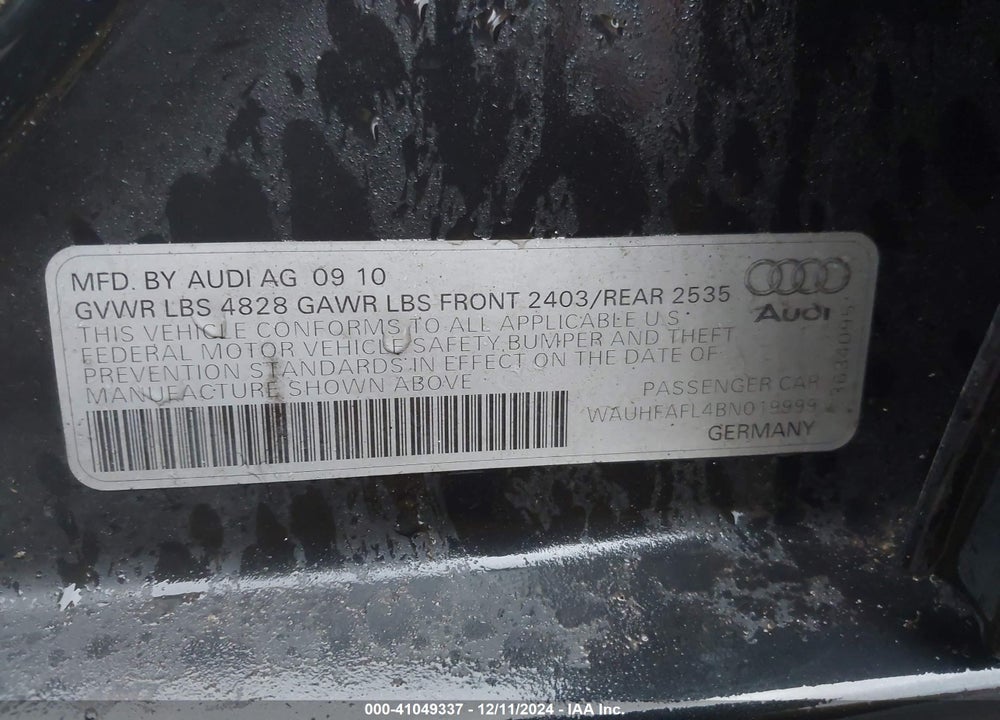 2011 AUDI A4 2.0T PREMIUM VIN: WAUHFAFL4BN019999