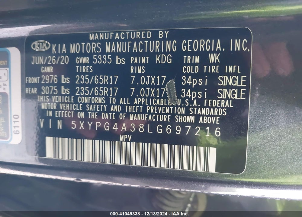 2020 KIA SORENTO 2.4L LX VIN: 5XYPG4A38LG697216