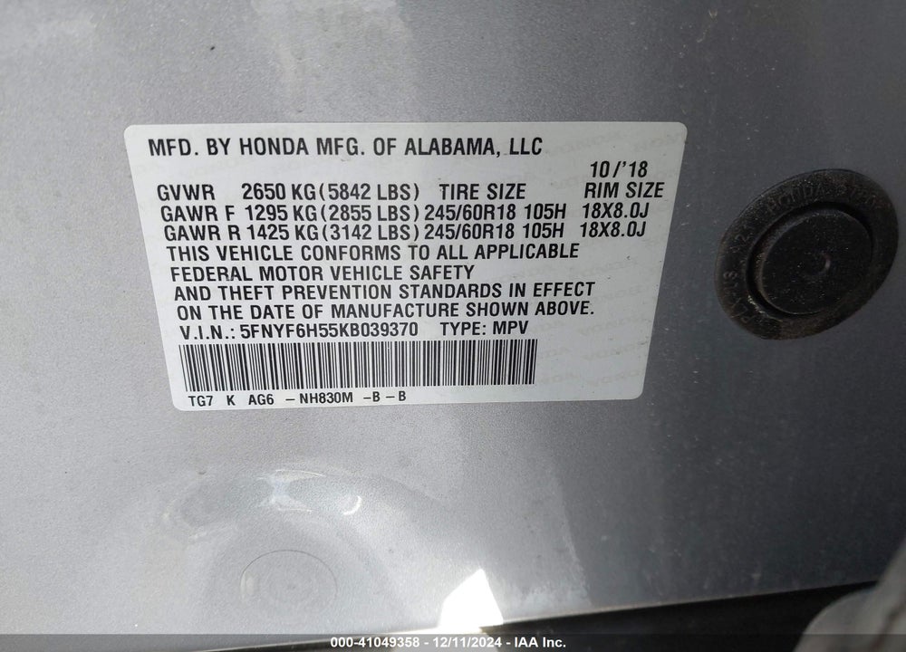 2019 HONDA PILOT EX-L VIN: 5FNYF6H55KB039370