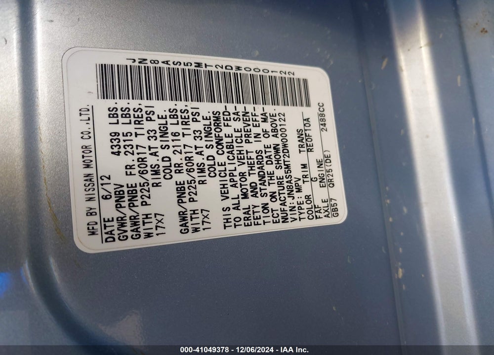 2013 NISSAN ROGUE SV VIN: JN8AS5MT2DW000122