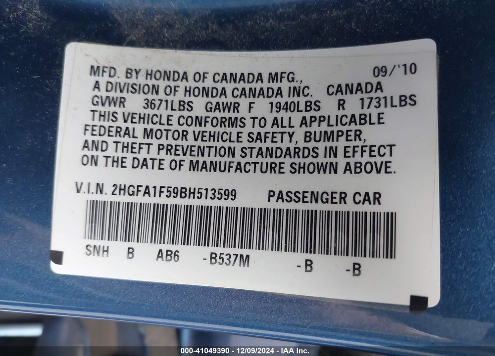2011 HONDA CIVIC LX VIN: 2HGFA1F59BH513599