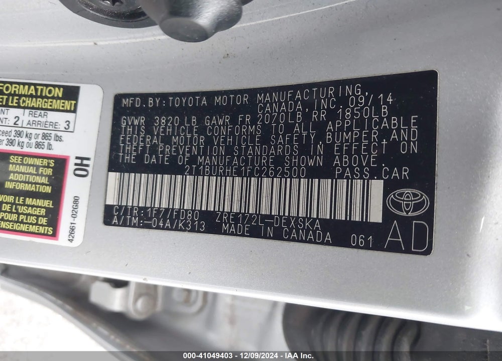 2015 TOYOTA COROLLA S PLUS VIN: 2T1BURHE1FC262500