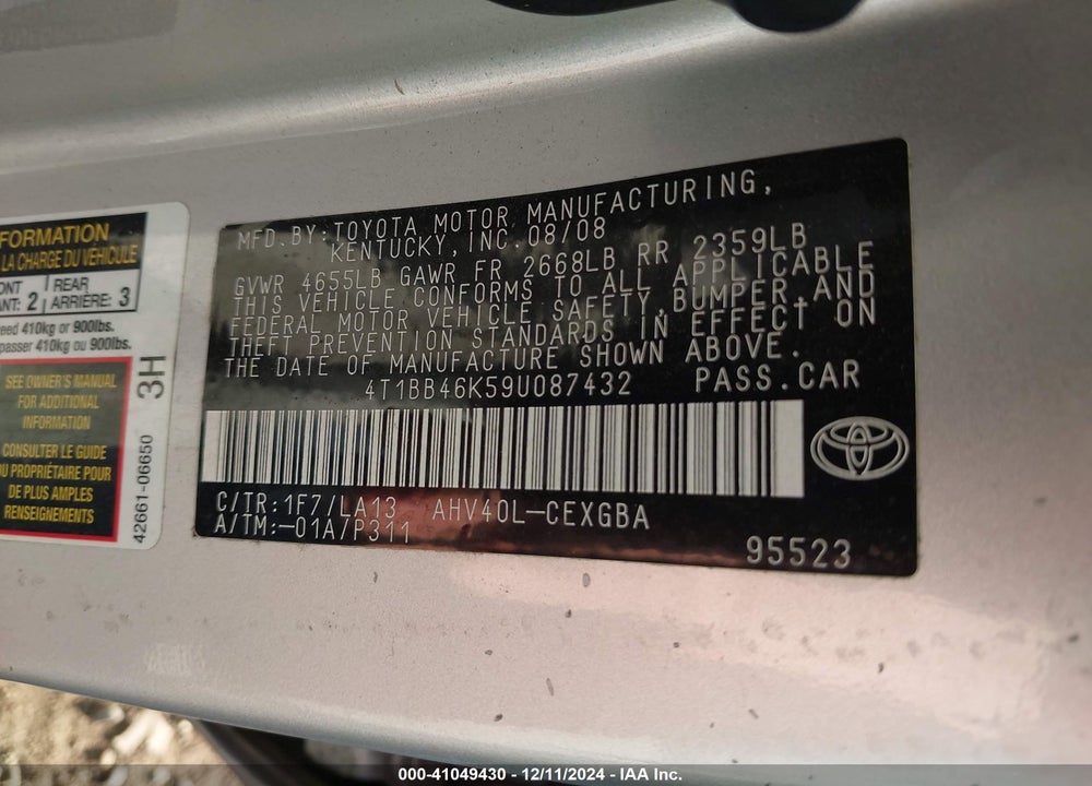 2009 TOYOTA CAMRY HYBRID VIN: 4T1BB46K59U087432
