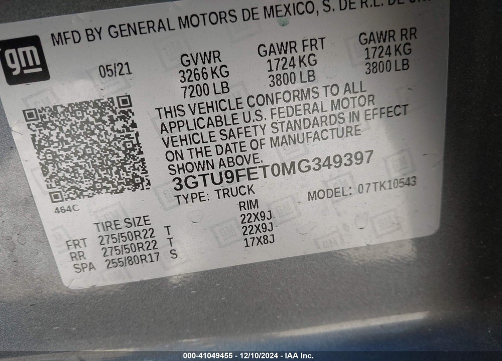 2021 GMC SIERRA 1500 VIN: 3GTU9FET0MG349397