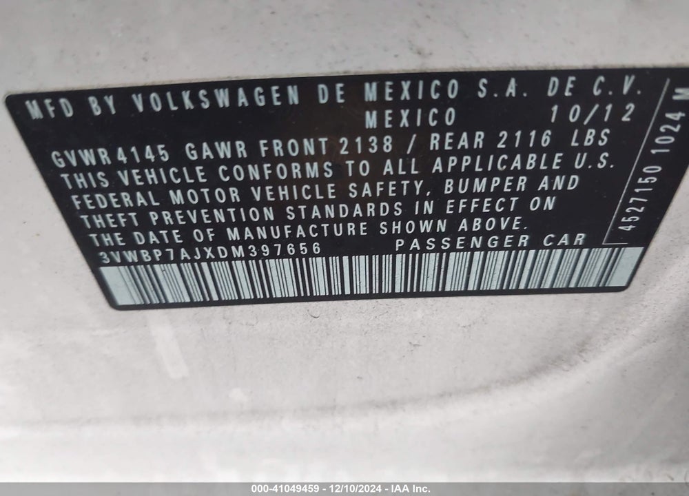 2013 VOLKSWAGEN JETTA 2.5L SE VIN: 3VWBP7AJXDM397656