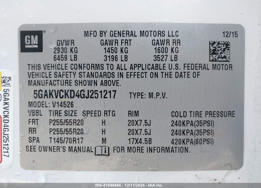 2016 BUICK ENCLAVE PREMIUM VIN: 5GAKVCKD4GJ251217