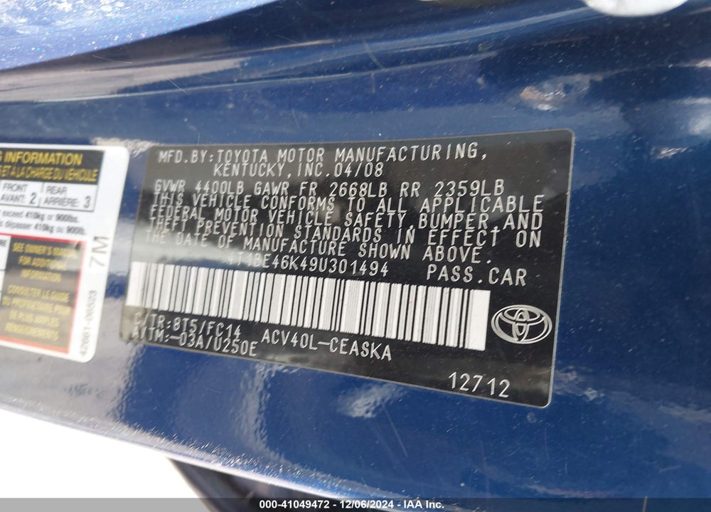 2009 TOYOTA CAMRY SE VIN: 4T1BE46K49U301494