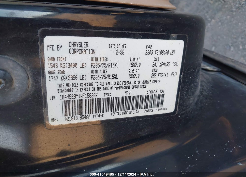 1998 DODGE DURANGO SLT VIN: 1B4HS28Y1WF158367