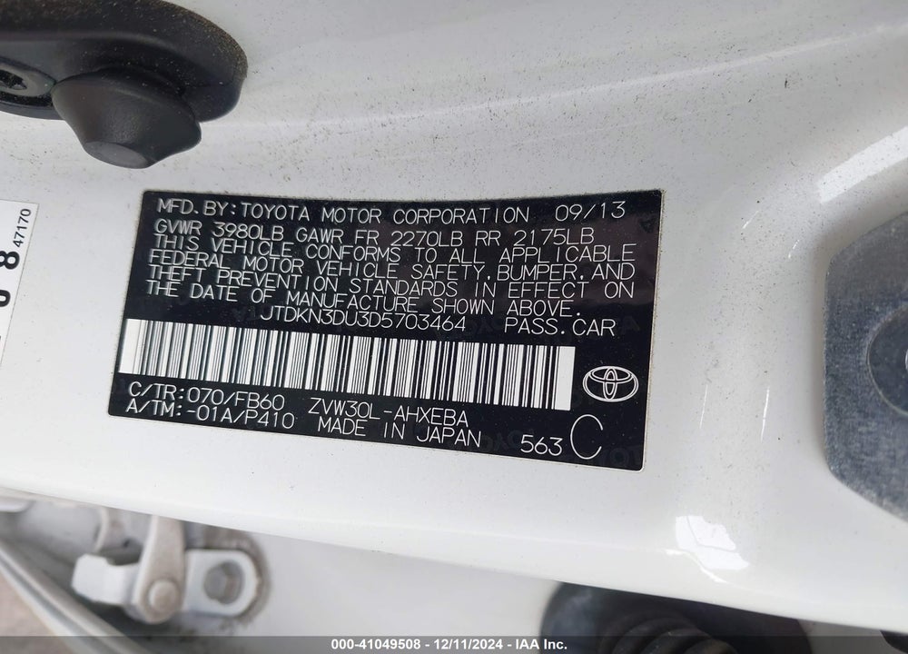 2013 TOYOTA PRIUS THREE VIN: JTDKN3DU3D5703464