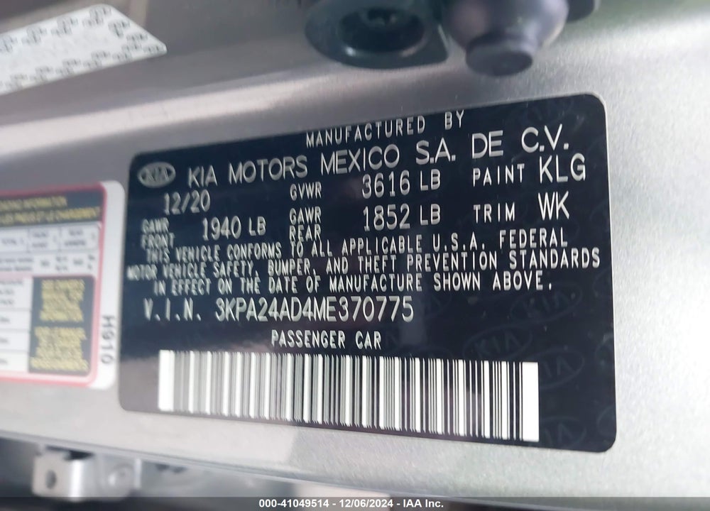 2021 KIA RIO S VIN: 3KPA24AD4ME370775