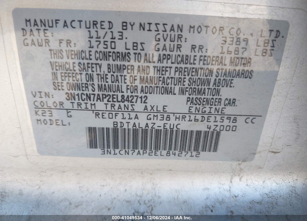 2014 NISSAN VERSA 1.6 S+ VIN: 3N1CN7AP2EL842712
