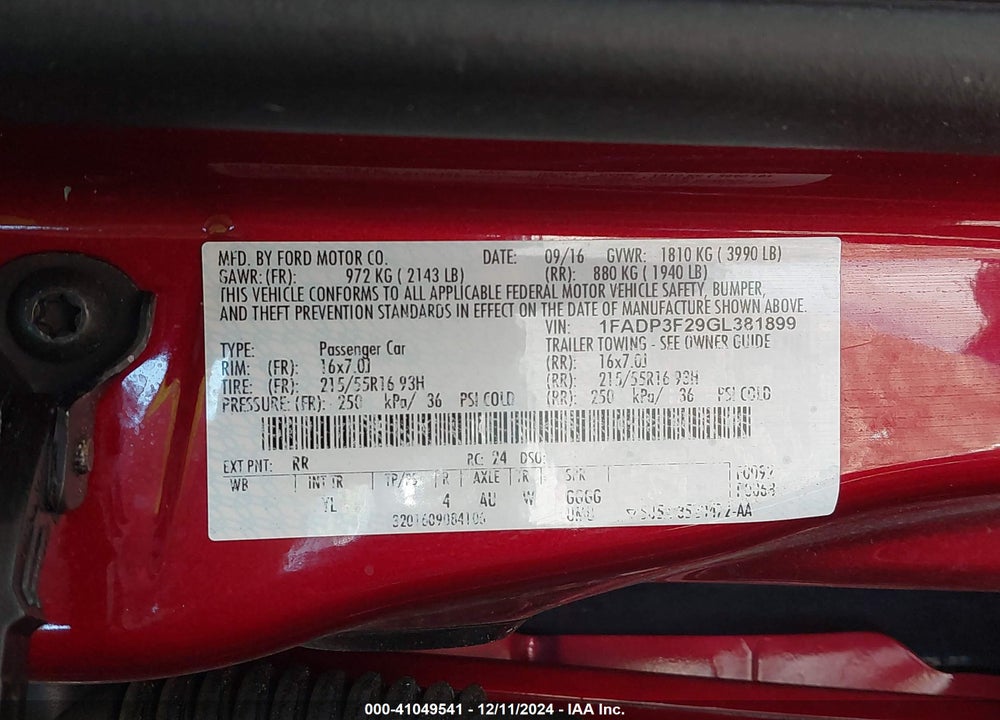2016 FORD FOCUS SE VIN: 1FADP3F29GL381899